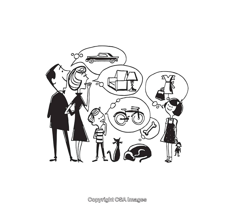 Black and White Illustration of a Family with Dream Thought Bubbles