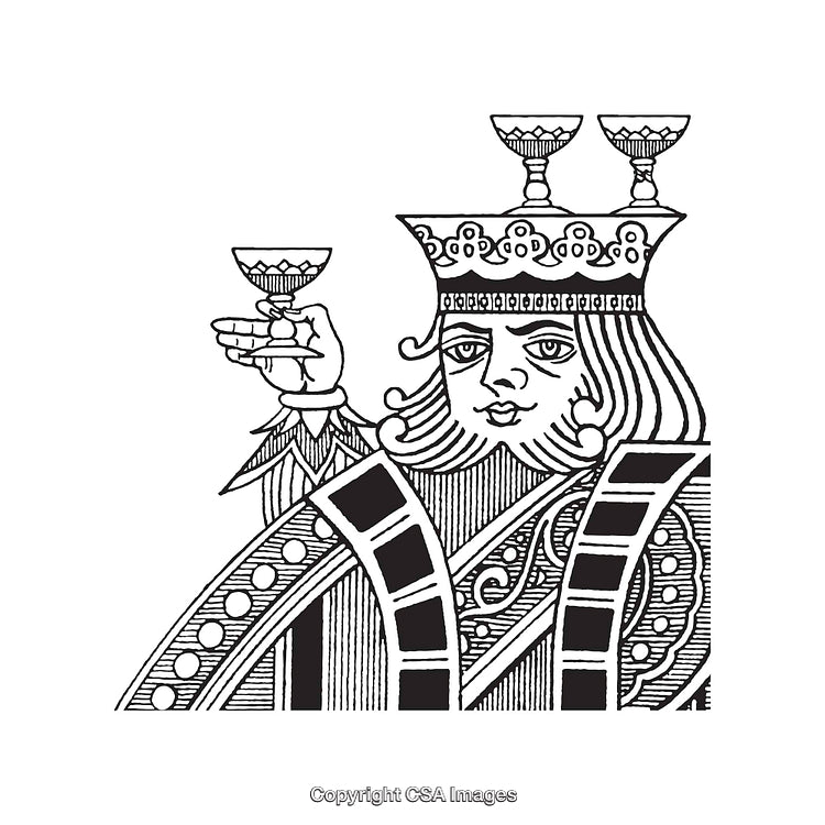 Hand-Drawn King with Crown Featuring Cups in Black and White Style