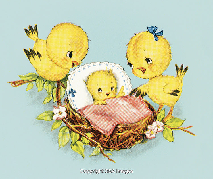 Vintage Illustration of Baby Chickens in a Nest with Dainty Details