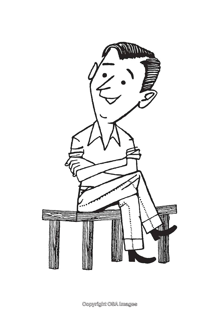 Black And White Illustration of a Man Sitting Cheerfully on a Bench