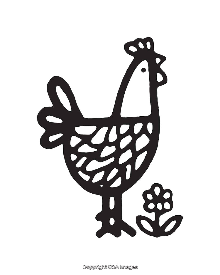 Black and White Line Art of a Chicken with a Flower Illustration