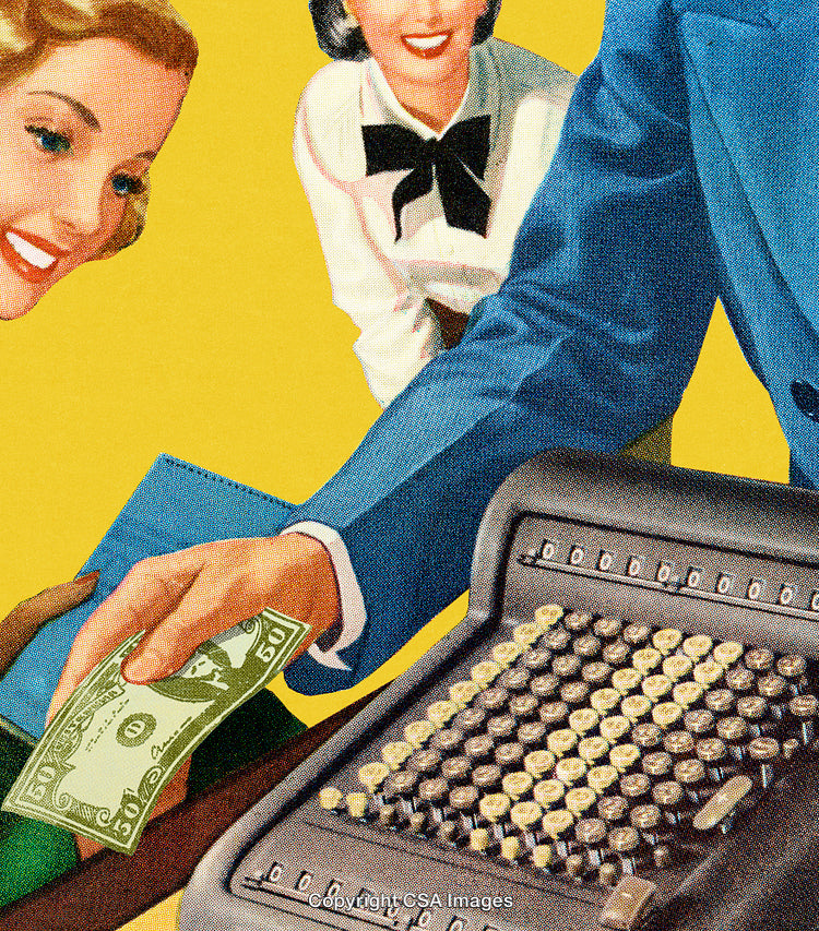 Retro Illustration of Women Shopping with Vintage Register and Money Exchange