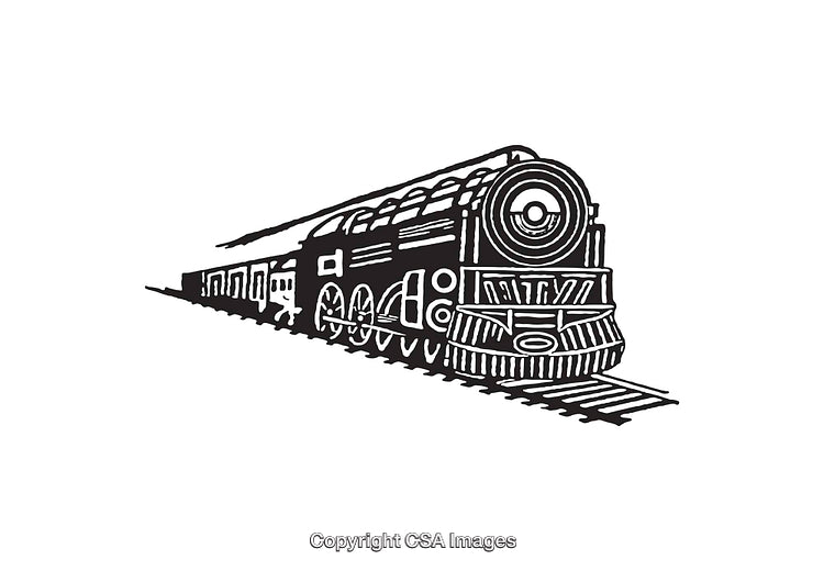 Vintage Locomotive Black and White Line Art Illustration on White Background