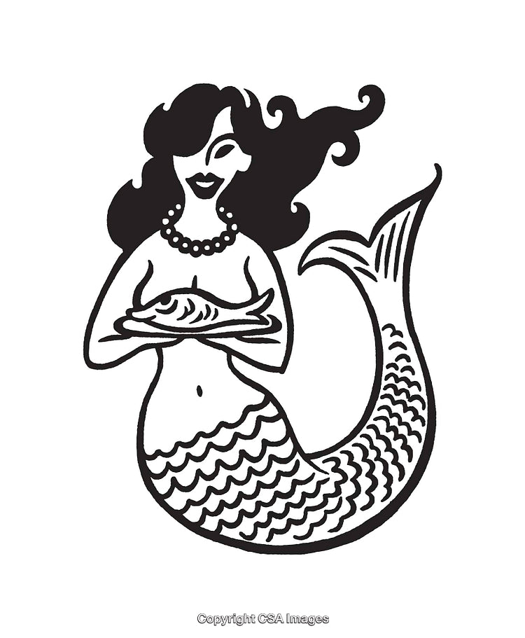 Black and White Mermaid Line Art with a Fish in Hand