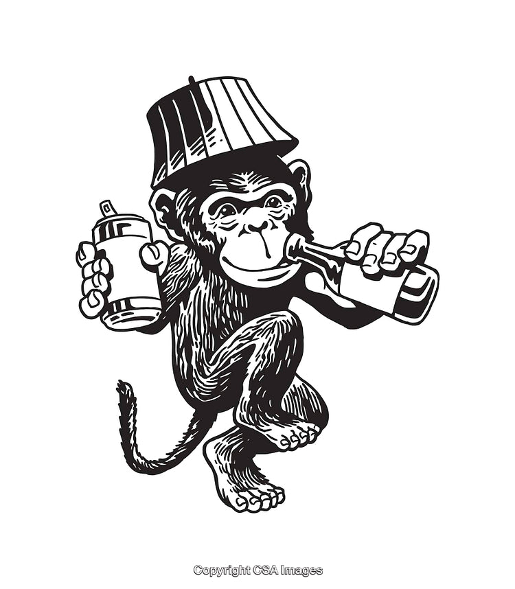 Humorous Monkey Illustration with Bottle and Can Line Art Artwork