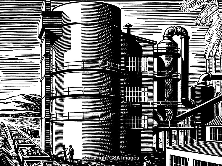 Intricate Black and White Engraving of an Industrial Facility with Smokestacks