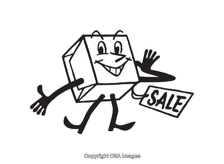 Cheerful Cartoon Character With Sale Tag Expressing Excitement in Black and White