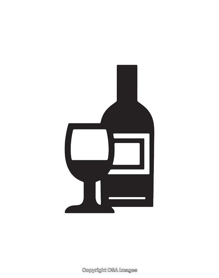 Simple Black and White Icon Depicting Wine Bottle and Glass