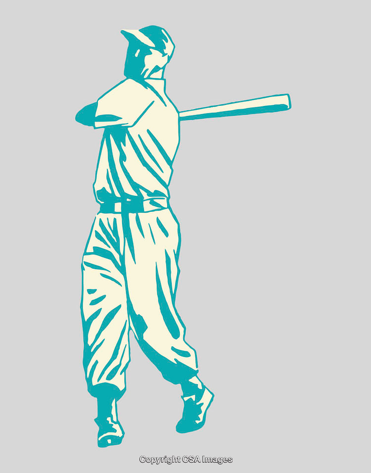 Vintage Baseball Player Swinging Bat in Colorful Line Art