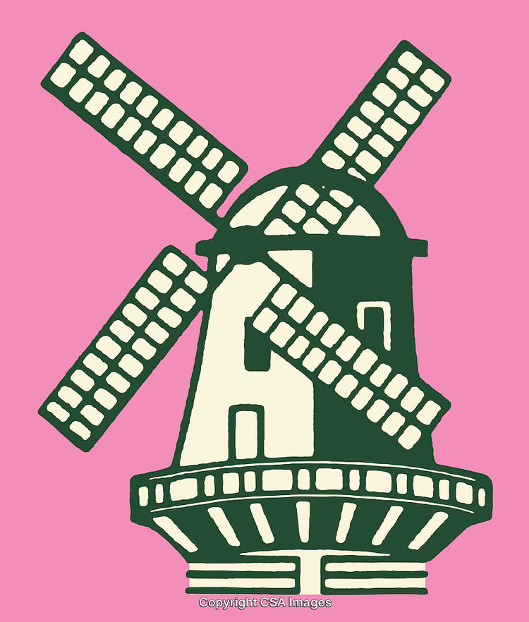 Traditional Windmill Icon on a Pink Background in Bold Color Style