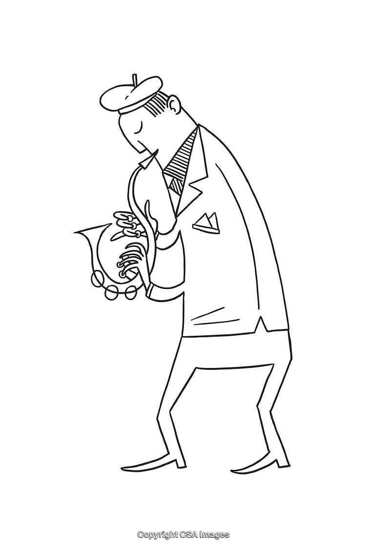 Black And White Line Art of a Musician Playing a French Horn
