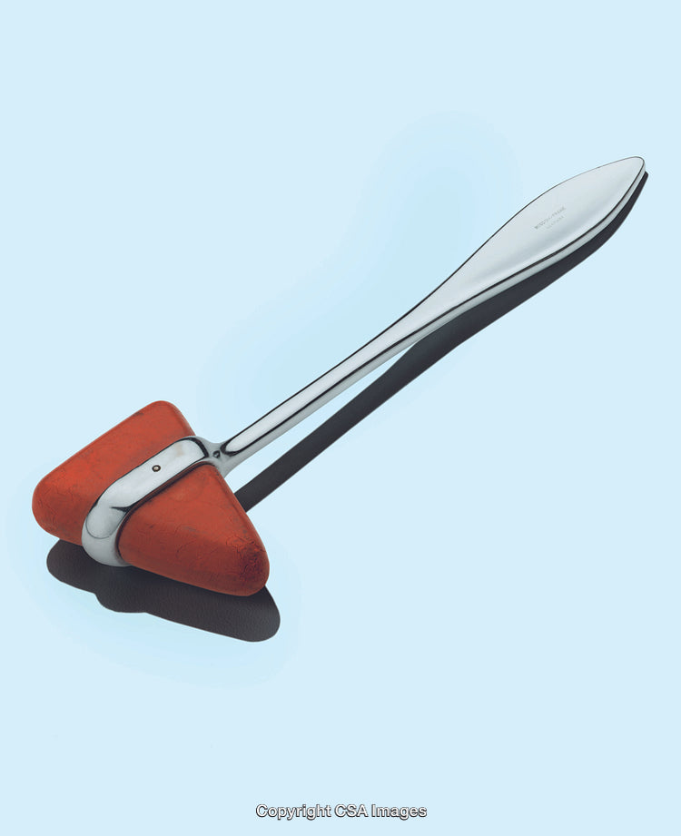 Metal Neurological Reflex Hammer with Red Rubber Tip on Light Background