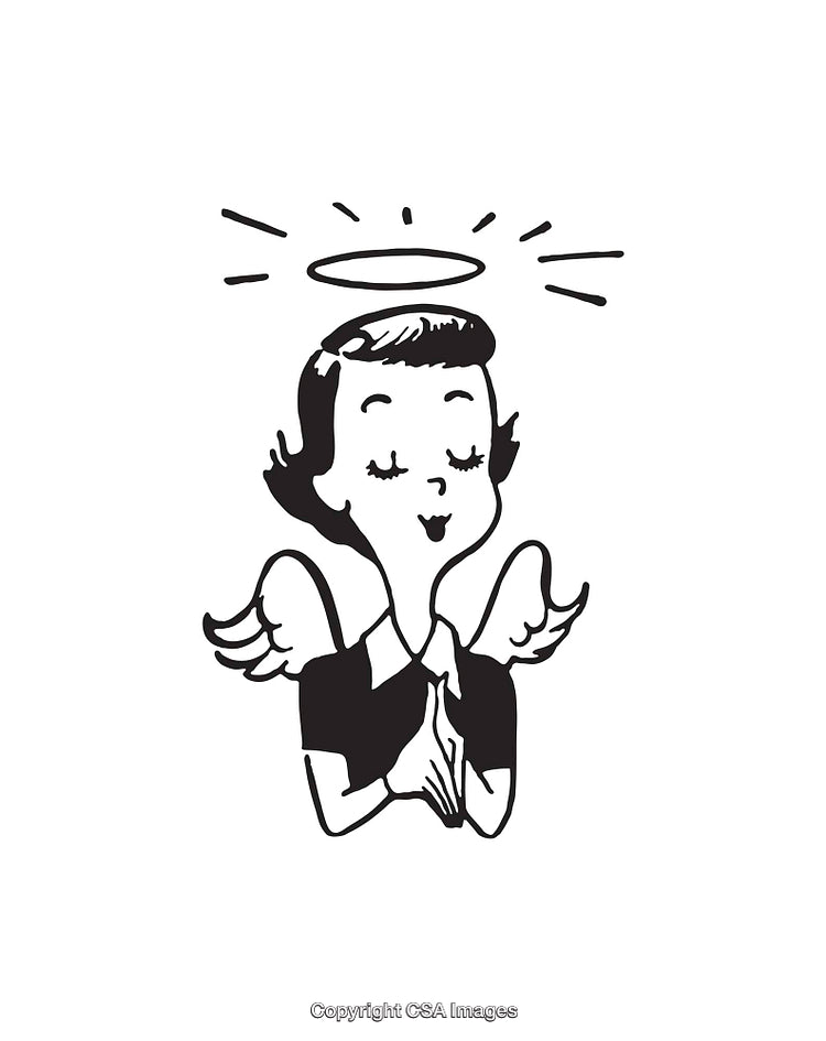 Black and White Illustration of an Angelic Figure Praying