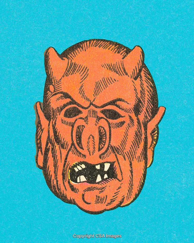 Vivid Comic Illustration of a Demon Face on Bright Blue Background