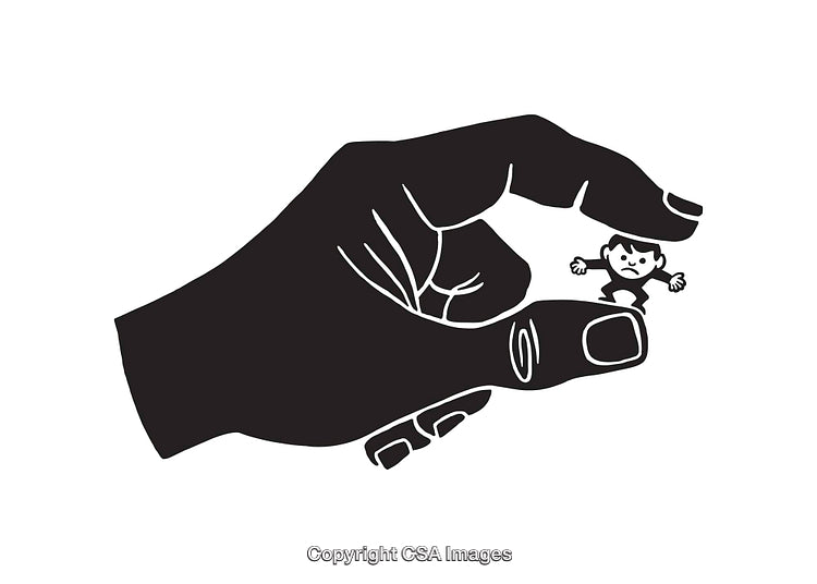 Black and White Illustration Depicting a Hand Holding a Small Figure