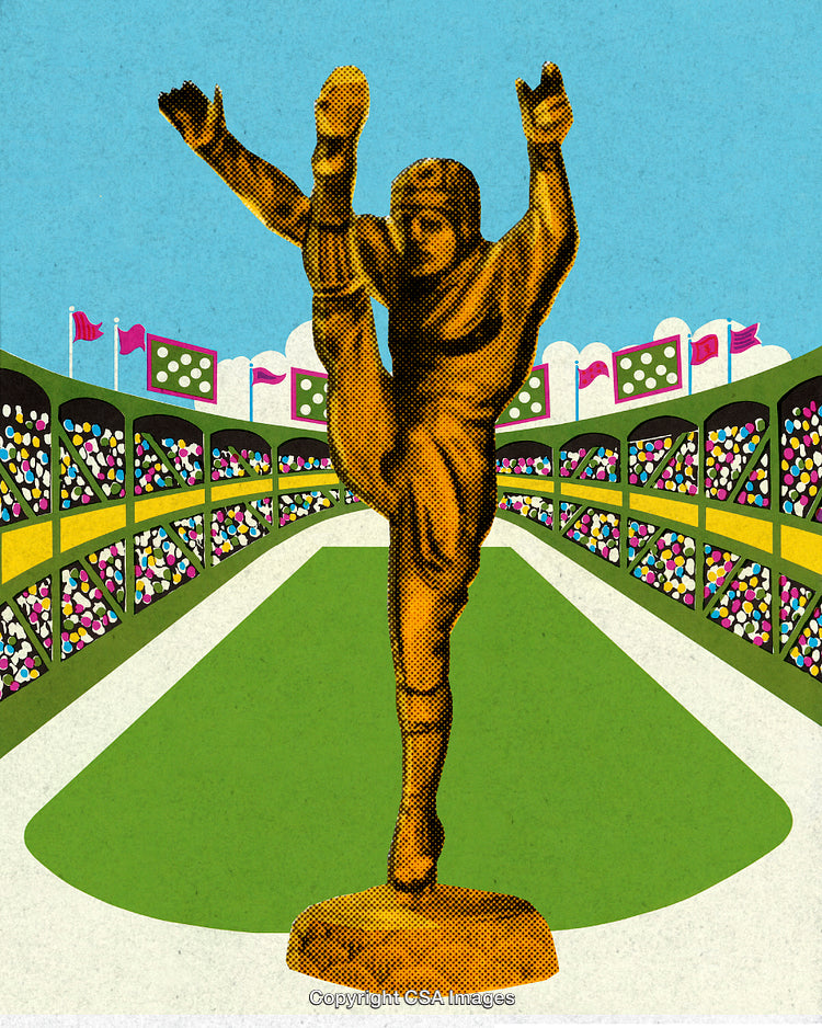 Golden Sports Figure Statue in Vintage Style Stadium Illustration