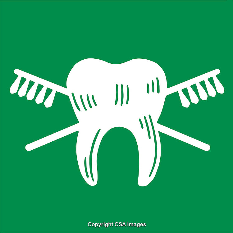Tooth Icon with Crossed Toothbrushes on Green Background