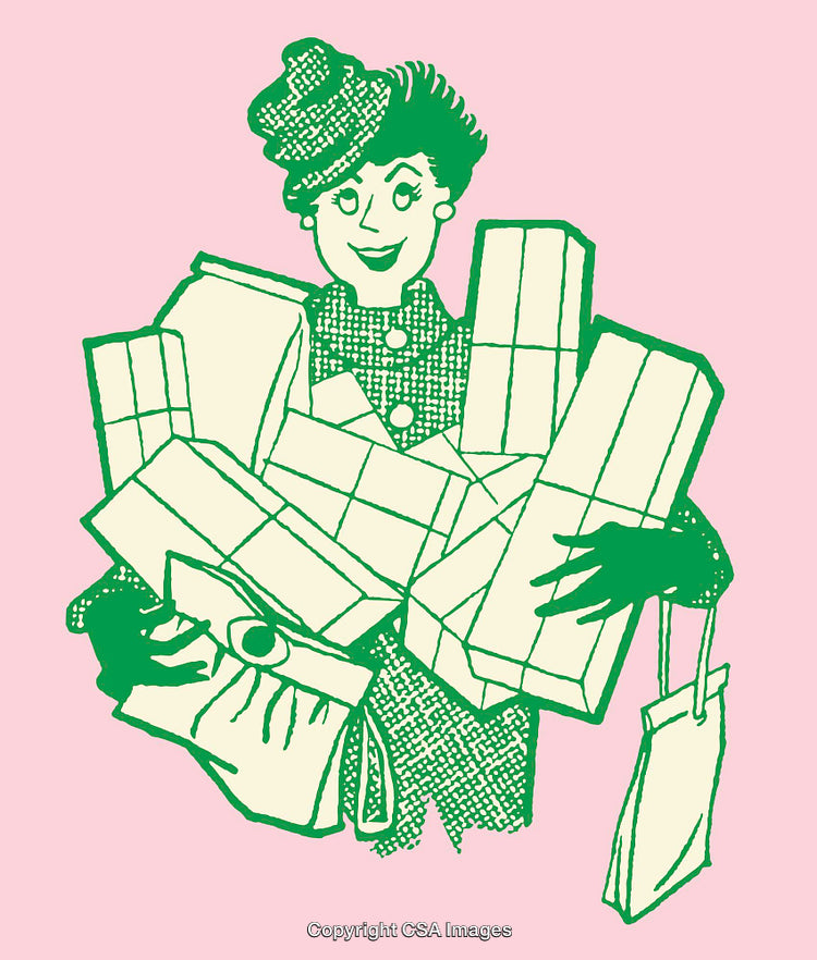 Retro Illustration of a Happy Woman Excited with Her Shopping Bags