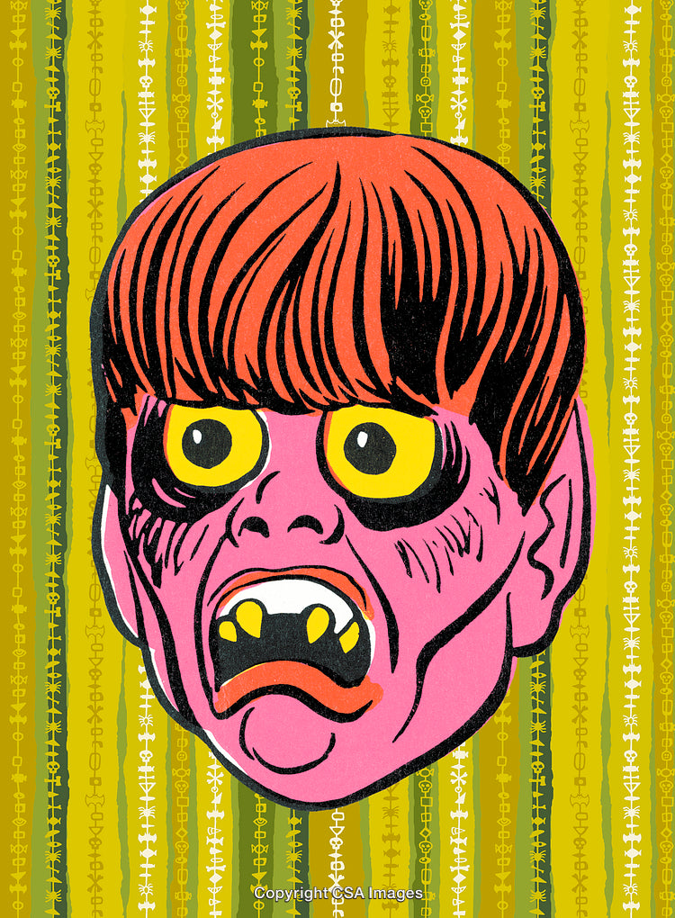 Retro Pop Art Illustration of a Grimacing Cartoon Face Against Patterned Background