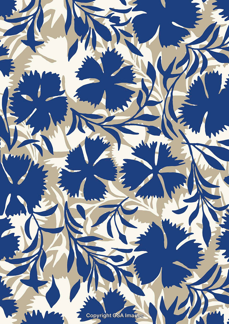 Seamless Blue Floral Pattern with Beige and White Botanical Motifs