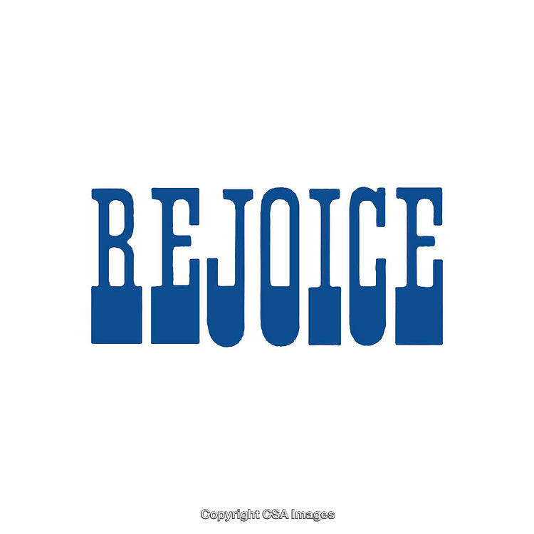 Blue Stylized Typography Highlighting the Word 'Rejoice' on White Background