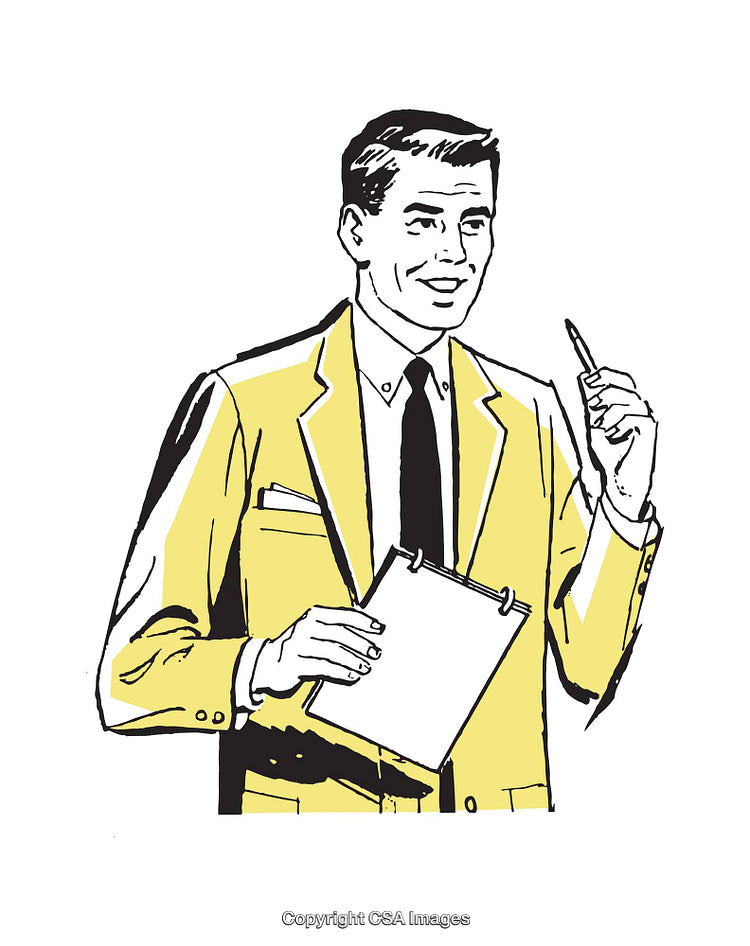 Vintage Illustration of a Businessman Holding a Clipboard and Pen