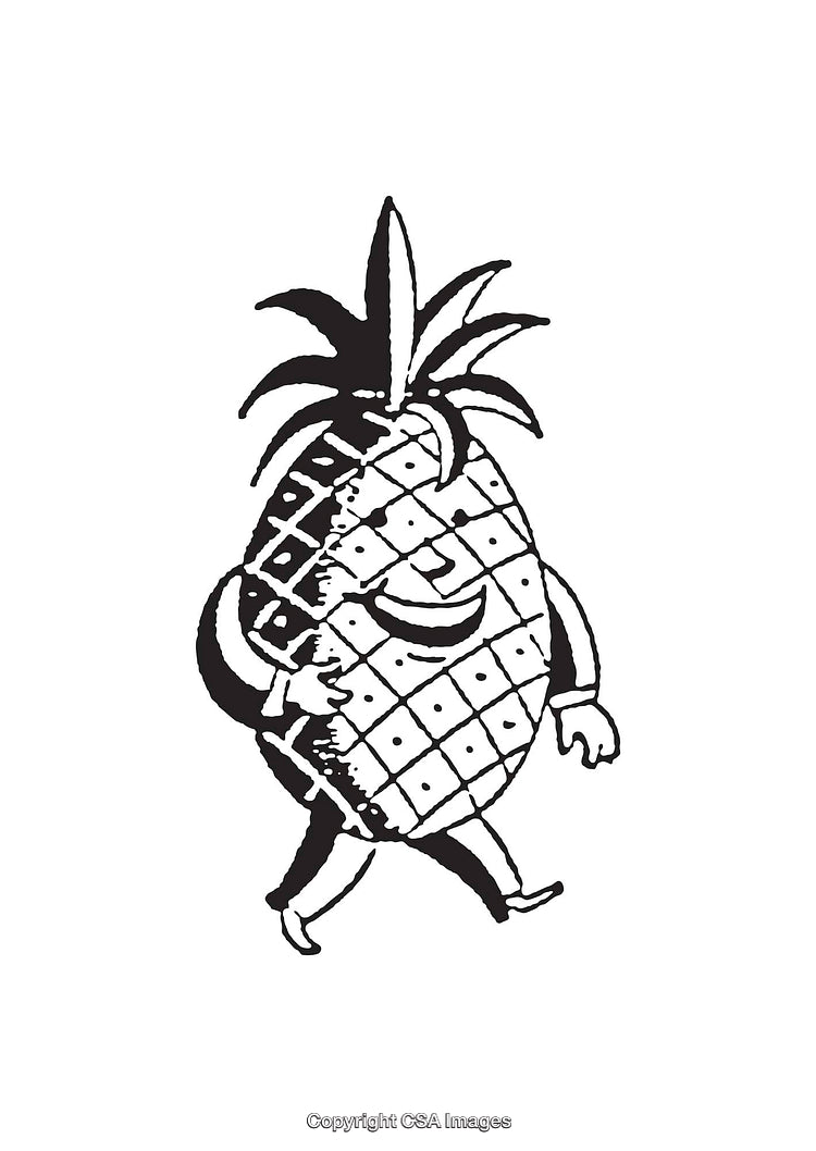 Fanciful Pineapple Character Illustration Depicting Creativity and Whimsy in Black and White