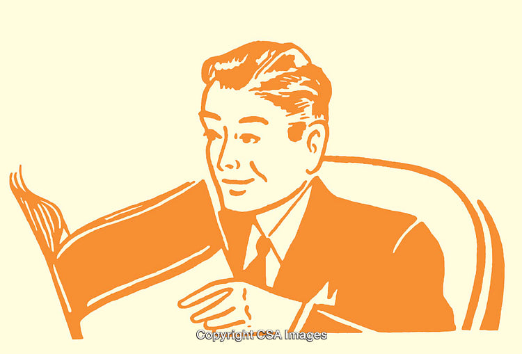 Vintage Line Art Illustration of a Smiling Man Reading a Book