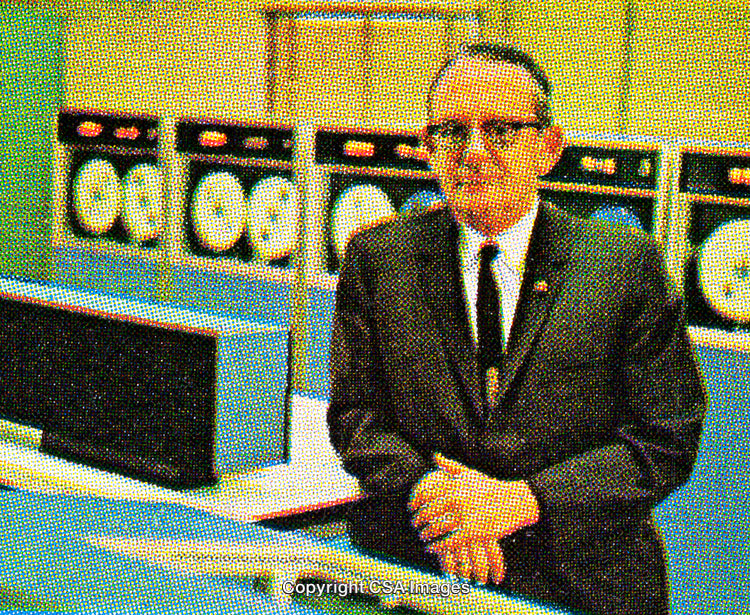 Retro Businessman in Computer Control Center with Halftone Style Visuals