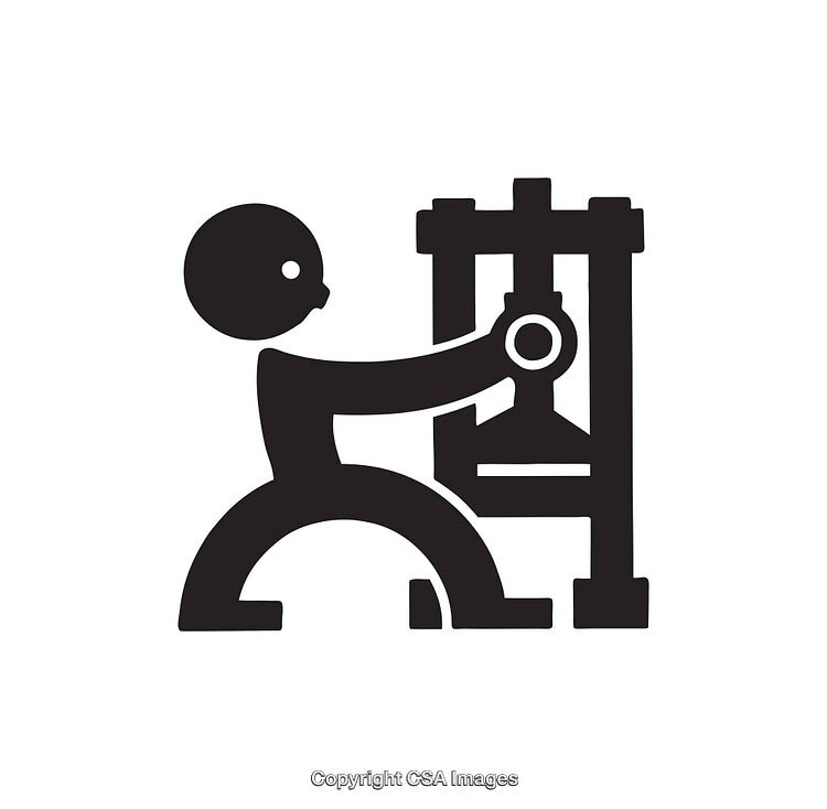Minimalist Black and White Icon of a Person Using a Machine