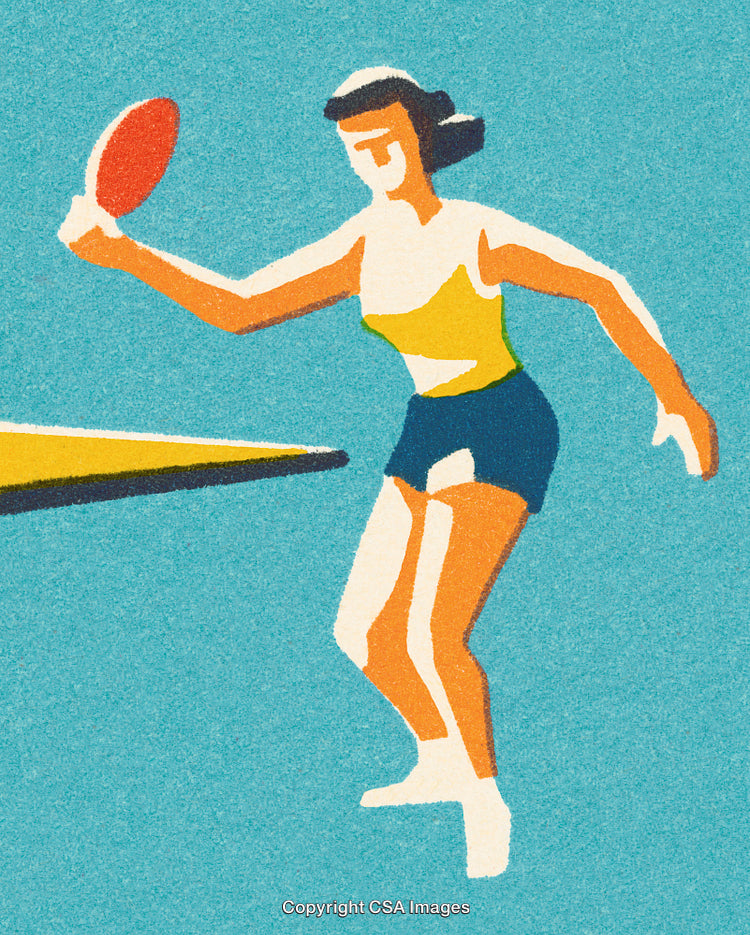 Illustration of a Woman Playing Table Tennis in a Vintage Style Design