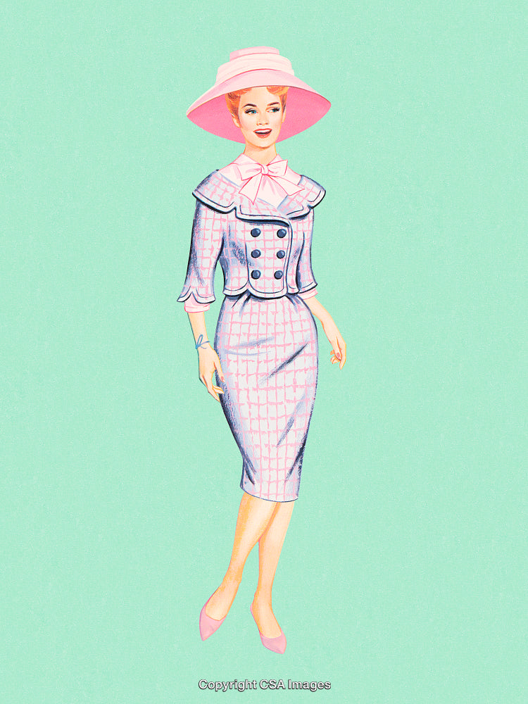 Elegant Vintage Woman in a Stylish Outfit on Pastel Background