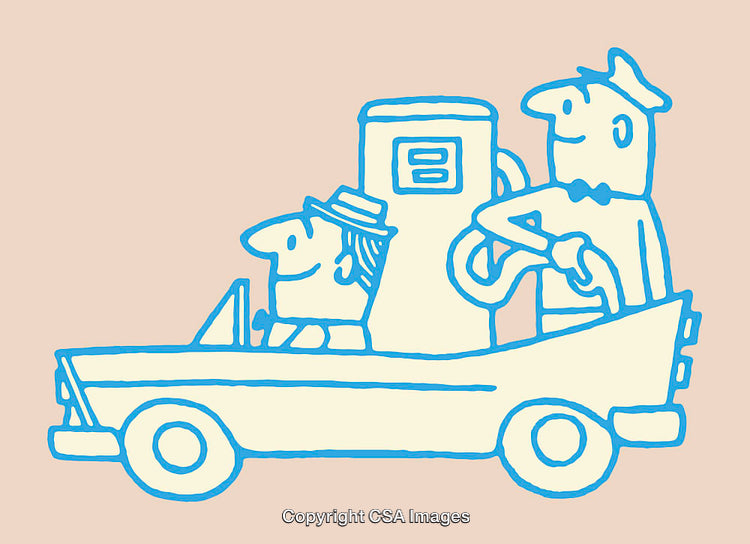 Retro Style Illustration of a Car at a Gasoline Station