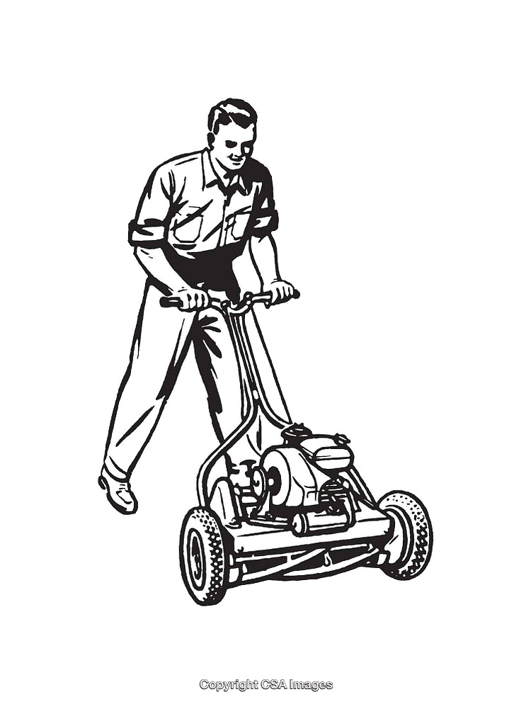 Vintage Line Art of a Person Operating a Lawn Mower