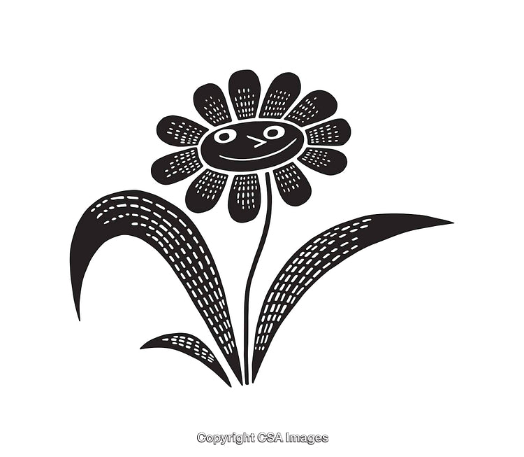 Whimsical Black And White Line Art of a Smiling Flower