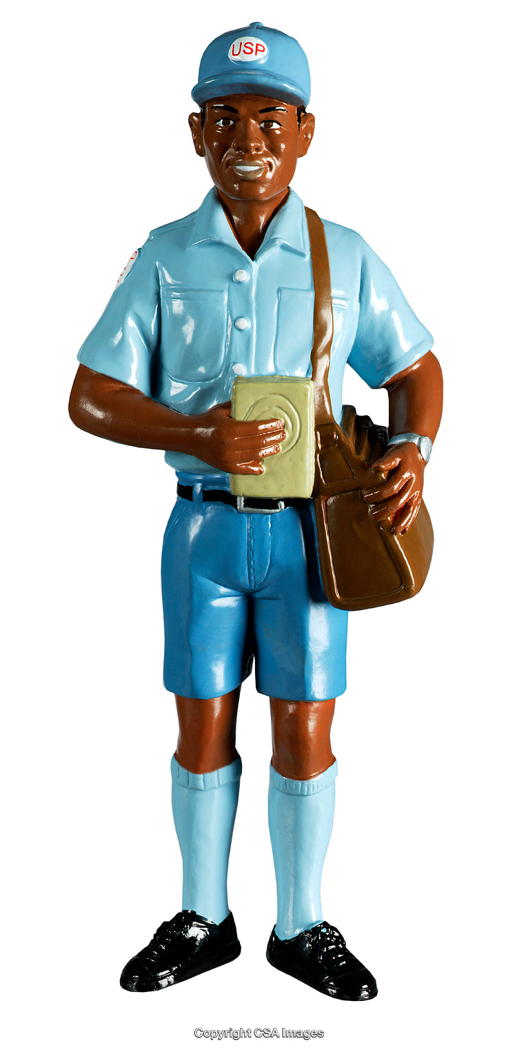 Postal Worker Toy Figurine Dressed in Uniform Holding a Bag and Parcel