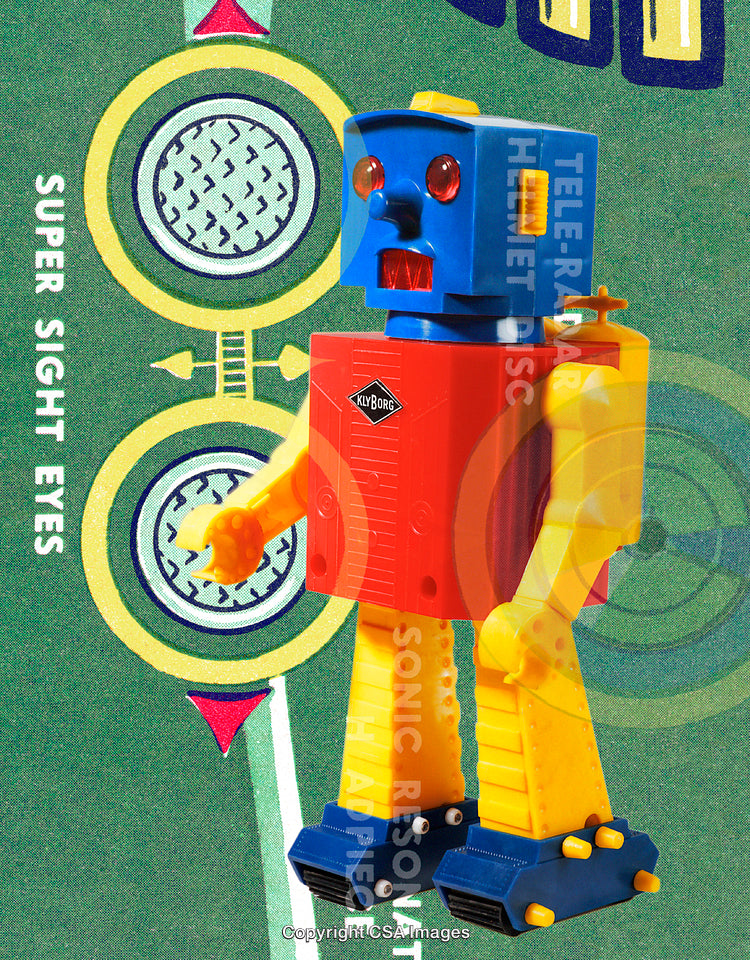 Vintage Robot Toy With Bright Colors and Retro Design Elements on Green Background