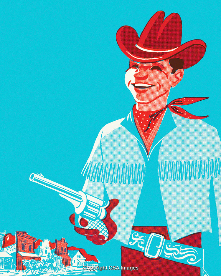 Vintage Western Cowboy Illustration with Gun and Historic Town Backdrop