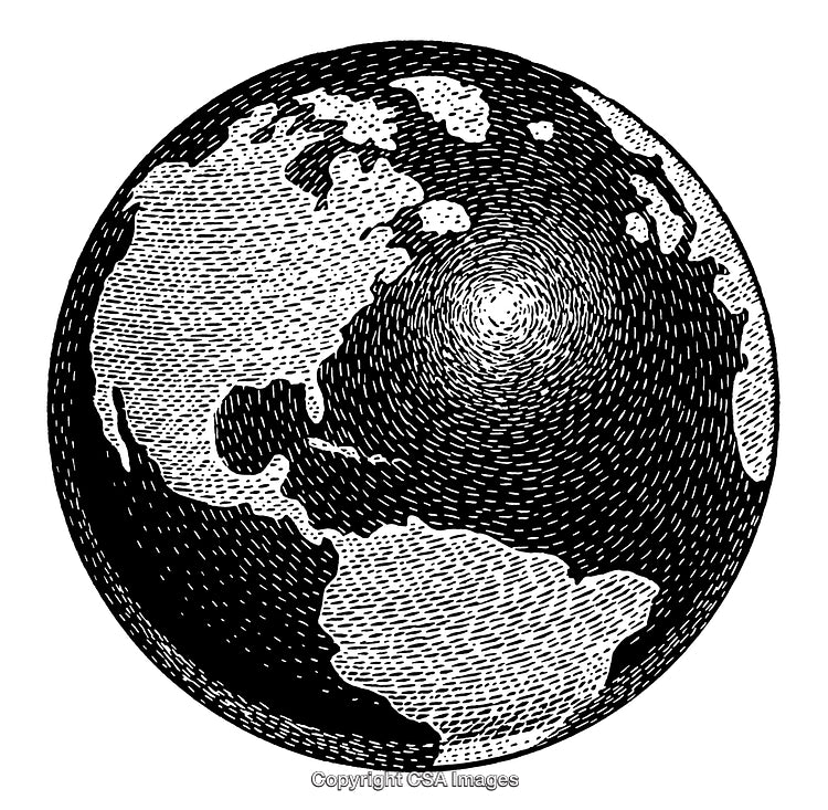 Intricate Black and White Engraving of Earth with Detailed Contoured Lines