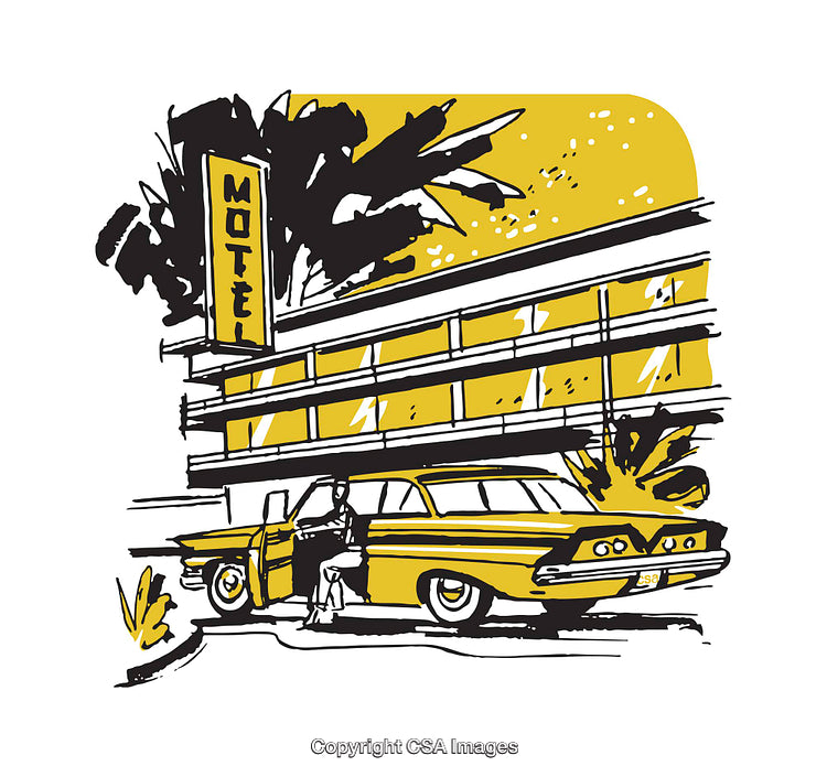 Retro Yellow Car Beside Motel Under Artistic Illustration Style