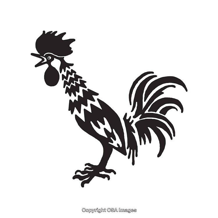 Black and White Line Art of a Crowing Rooster Silhouette