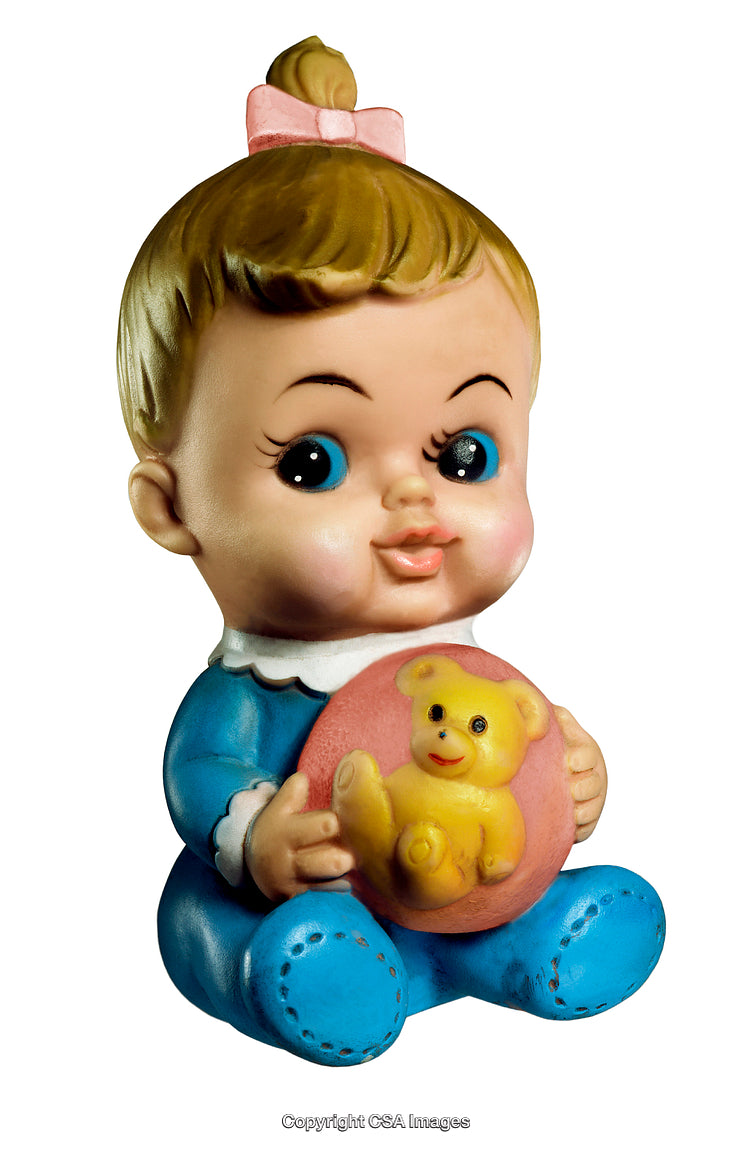 Vintage Plastic Baby Figurine Holding Teddy Bear Toy Ball