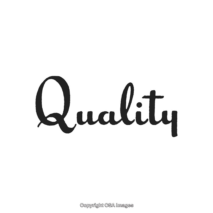 Handwritten Calligraphy Text Depicting Quality on a White Background