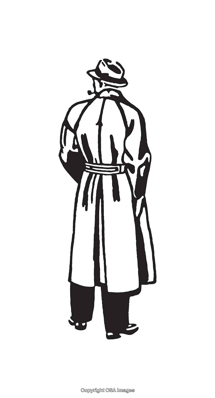 Vintage Line Art Illustration of a Man in Trench Coat and Fedora