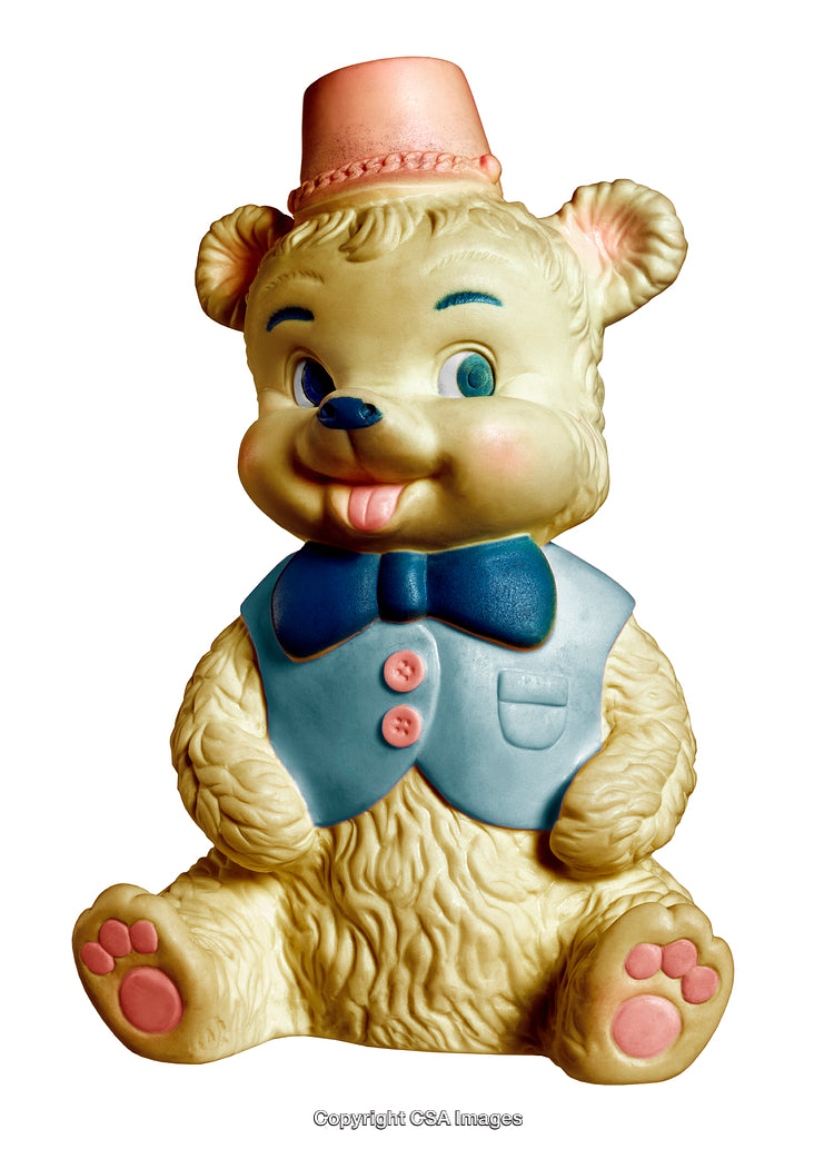 Vintage Teddy Bear Figurine With Blue Vest and Pink Fez
