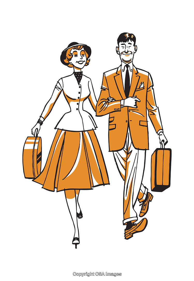 Retro Illustration of a Happy Couple Carrying Luggage and Smiling