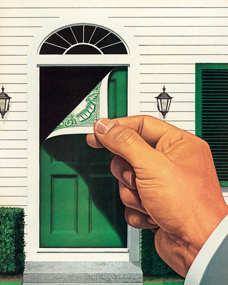Hand Peeling Green Door to Reveal Hidden Money Illustration