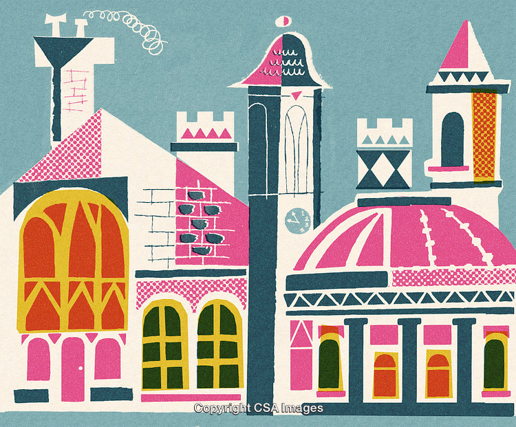 Colorful Abstract Illustration of Cityscape With Clock Tower and Dome