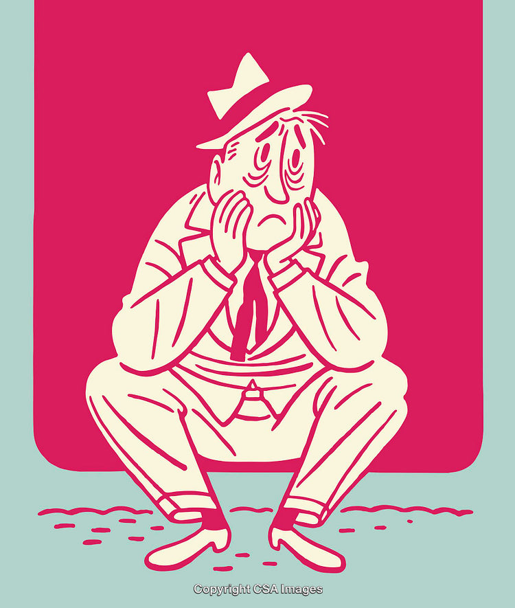 Retro Line Art Illustration of a Pensive Man in a Suit