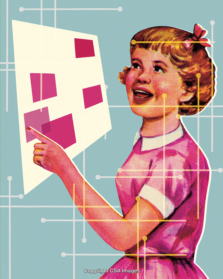 Retro Styled Girl Interacting With a Futuristic Interface in Bright Colors
